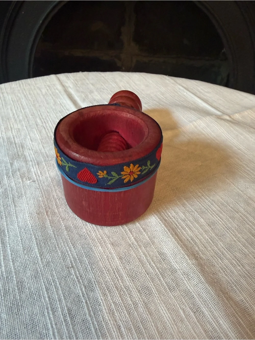 Vtg German Wooden Screw Style Nut Cracker with Floral Trim